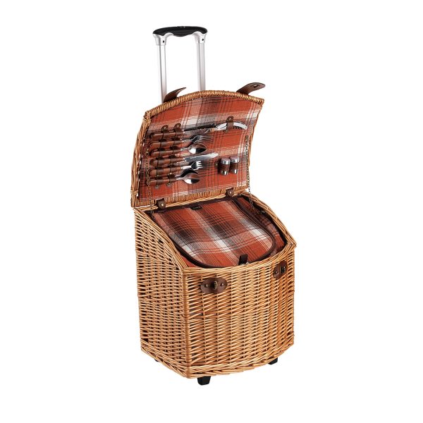 4 kişilik Tekerlekli Kahverengi Ekose Desenli Piknik Sepeti (NZ-41) (Ön Sipariş)